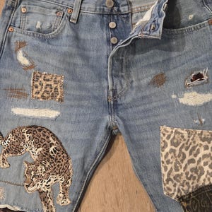 LEVI Button Fly 501 32x34 Upcycled Patchwork Jeans with animal print theme image 11