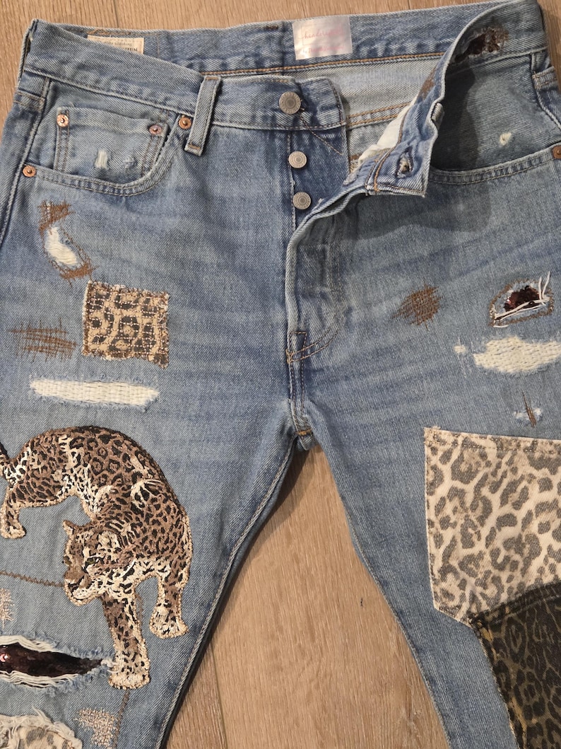 LEVI Button Fly 501 32x34 Upcycled Patchwork Jeans with animal print theme image 11
