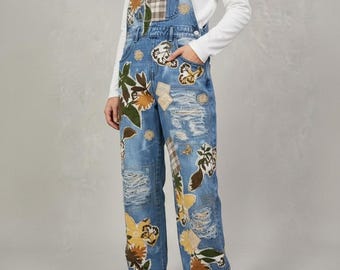 Upcycled & Handcrafted Floral Patchwork Denim Overalls size XS