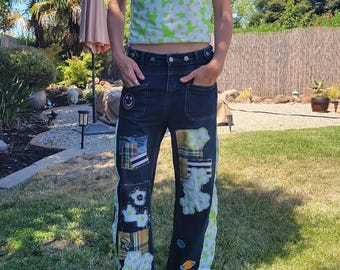 French Connection Upcycled & Handcrafted Patchwork Jeans and matching Top, small pattern used on top.