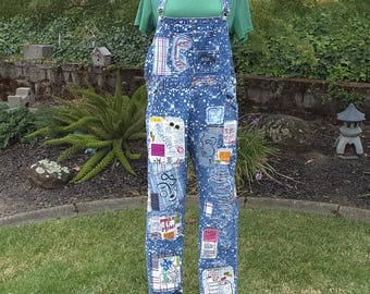 One-of-a-Kind Custom Contemporary Graphic Patchwork Denim Overalls Size XL