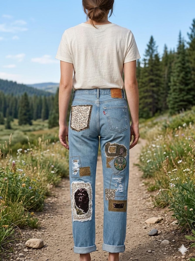 May include: Light blue denim jeans with decorative patches. The patches include leopard print, sequins, and embroidered designs. The jeans have a classic five-pocket design and a Levi's brand patch.