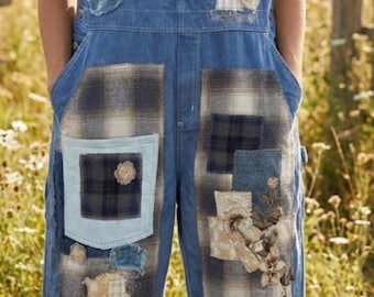 Upcycled Patchwork Cotton Twill Overalls  XL