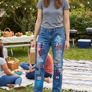 Könnte beinhalten: Blaue Jeans mit Patchwork-Designs und Distressed-Details. Die Jeans haben verschiedene Stoffflicken in verschiedenen Farben und Mustern. Die Person trägt ein graues T-Shirt und Leinenschuhe.