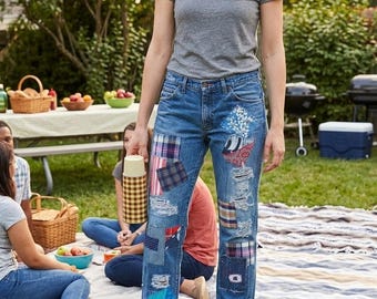Mens Wrangler 0047MWZ custom patchwork denim Jeans. For Men or Women 32x38
