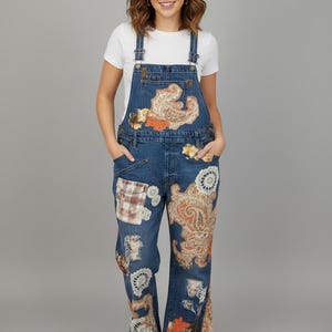 Custom One-of-a-Kind Hand Crafted  upcycled patchwork denim womens overalls. SZ 14