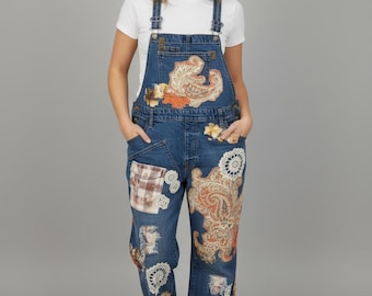 Custom One-of-a-Kind Hand Crafted  upcycled patchwork denim womens overalls. SZ 14