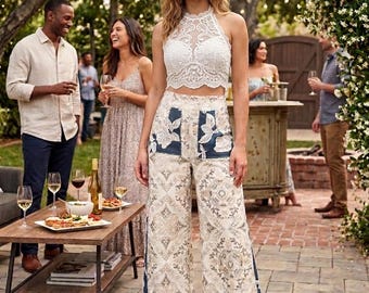 High-Waist Cotton Wide Leg With Flare. Medallion Print, Lace And Denim Accents