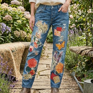 Custom One-of-a-Kind Upcycled Patchwork Levi 501 Buttonfly with Floral Motif 34x32