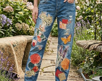 Custom One-of-a-Kind Upcycled Patchwork Levi 501 Buttonfly with Floral Motif 34x32