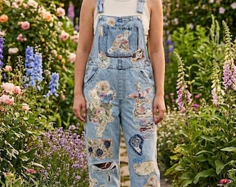 Salopette in denim personalizzata, pezzo unico, con patchwork floreale riciclato. TAGLIA MEDIA