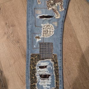 LEVI Button Fly 501 32x34 Upcycled Patchwork Jeans with animal print theme image 12