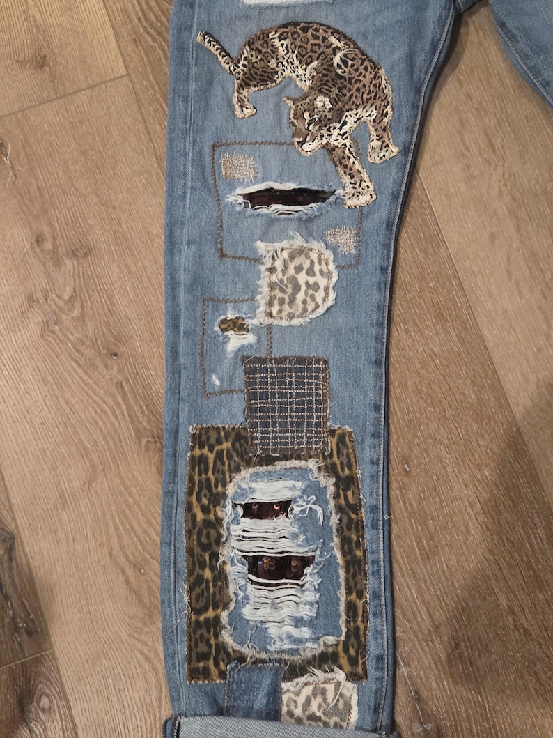 LEVI Button Fly 501 32x34 Upcycled Patchwork Jeans with animal print theme image 12