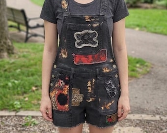 Rock these fun womens Shortalls! Upcycled and Handcrafted patchwork black denim Shortalls.
