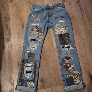 LEVI Button Fly 501 32x34 Upcycled Patchwork Jeans with animal print theme image 15