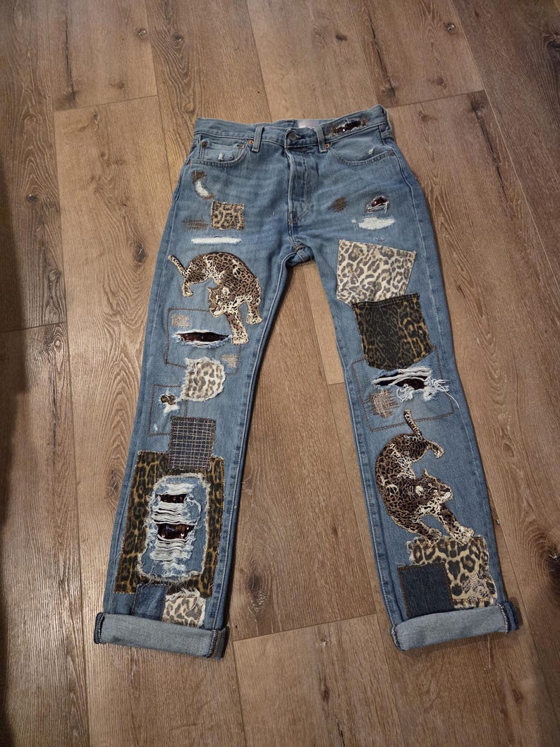 LEVI Button Fly 501 32x34 Upcycled Patchwork Jeans with animal print theme image 15