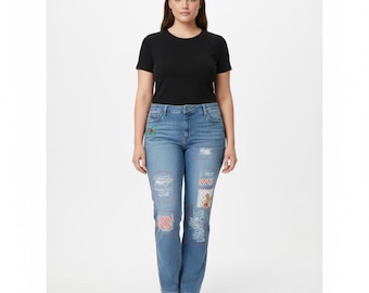 Custom Upcycled Holiday Theme Patchwork Women's Jeans Lee size 14S