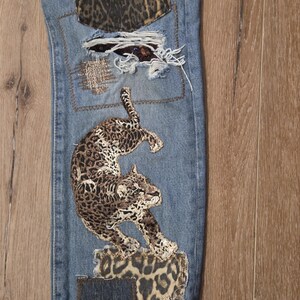 LEVI Button Fly 501 32x34 Upcycled Patchwork Jeans with animal print theme image 7