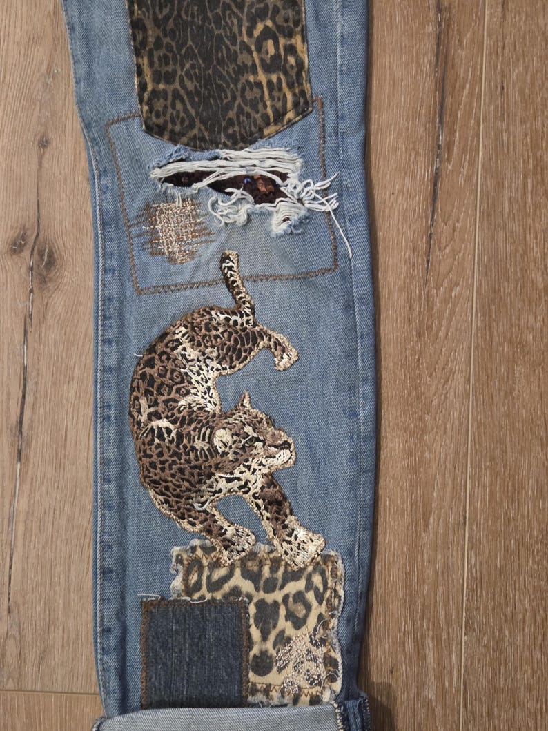 LEVI Button Fly 501 32x34 Upcycled Patchwork Jeans with animal print theme image 7