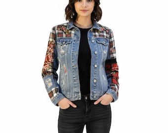 Upcycled Patchwork Plaid & Floral Denim Jacket  Size S