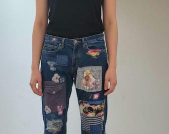 One-of-a-Kind upcycled and hand crafted patchwork womens denim jeans.  29 x32 or size (8)