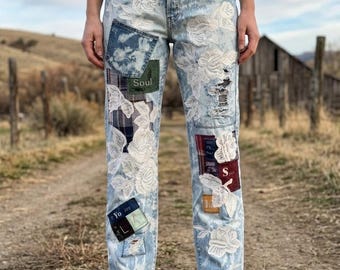 Levi 501 Button Fly Upcycled Patchwork Denim Jeans  31x32