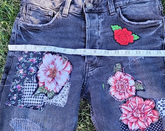 Upcycled Patchwork black denim jean shorts