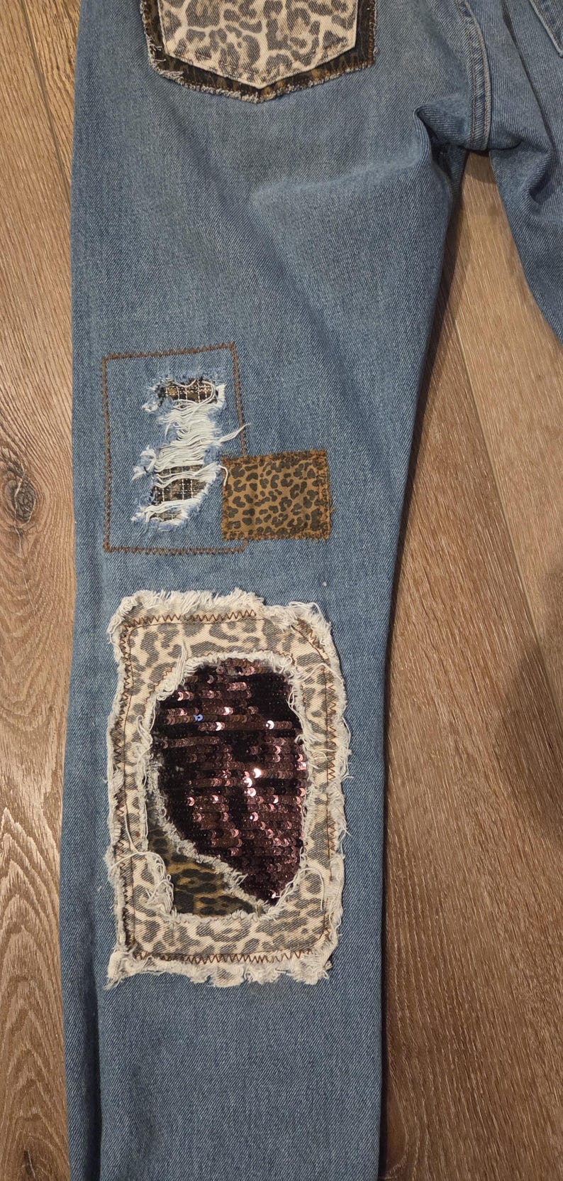 LEVI Button Fly 501 32x34 Upcycled Patchwork Jeans with animal print theme image 17