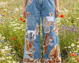 One-of-a-Kind Upcycled Patchwork Draw String Wide Leg denim. Size 4