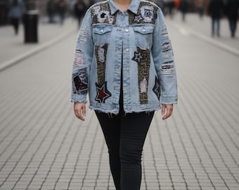 One-of-a-Kind Upcycled Embellished Patchwork Denim Jacket size LG