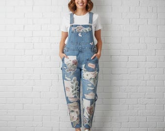 Custom Upcycled Floral Patchwork Denim Overalls size MD