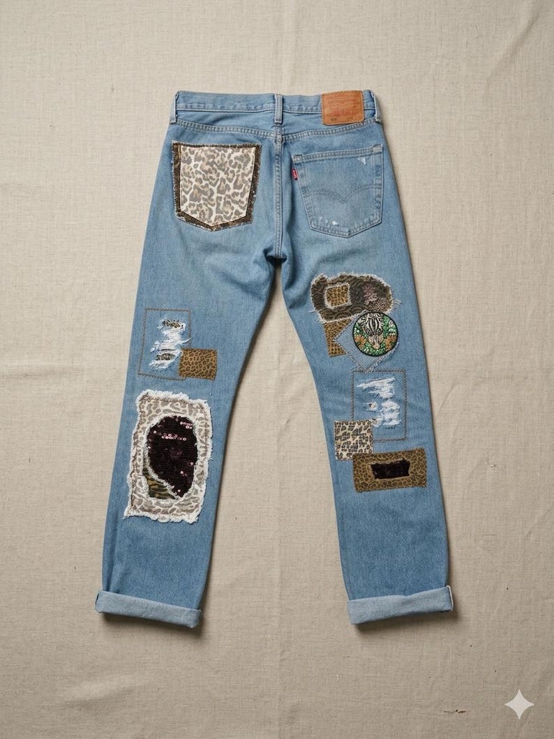 May include: Light blue denim jeans featuring various patches. Patches include leopard print, sequined fabric, and embroidered designs. The jeans have a distressed appearance with ripped details and rolled-up hems.