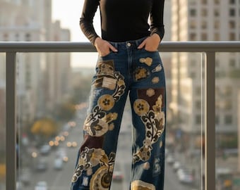 Vintage-inspired Upcycled Patchwork Denim Wide Leg Pant. Size 6(28)