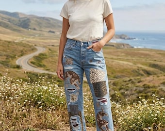 LEVI Button Fly 501 32x34 Upcycled Patchwork Jeans with animal print theme