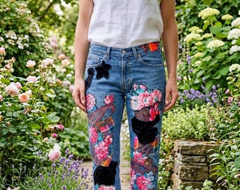 Custom Upcycled Patchwork Levi Sgnature Denim Jeans with beautiful floral and paisley print.31x30