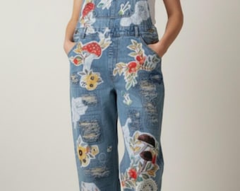 Upcycled And Handcrafted Patchwork Floral & Mushroom Denim Overalls By ThreadsReclaimed MD
