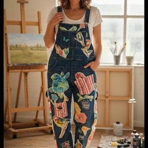 Könnte beinhalten: Blaue Jeans-Latzhose mit bunten, bemalten Aufnähern. Die Aufnäher zeigen florale, abstrakte und gestreifte Designs. Die Latzhose wird mit einem weißen T-Shirt getragen. Das Bild ist in einem Künstleratelier aufgenommen.