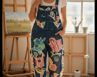 Upcycled Patchwork Denim Overalls: Handcrafted Floral Garden Party Design