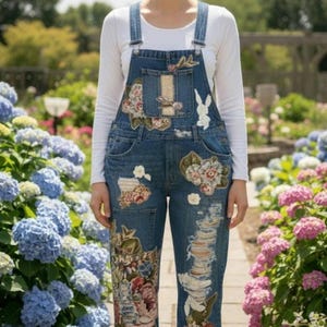 Floral Upcycled Patchwork Dark Denim Overalls