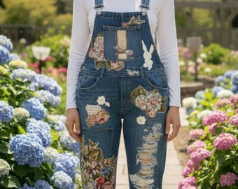 Floral Upcycled Patchwork Dark Denim Overalls