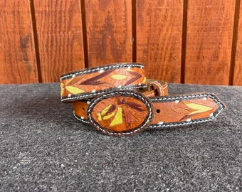 Vintage 90s Brown Leather Butterfly Belt Western Embroidered  display picture 3