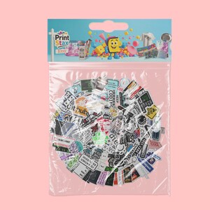 May include: A clear plastic bag filled with a variety of colourful stickers. The stickers feature various designs, including text, logos, and illustrations. The bag is labelled "Print Stax Easy".