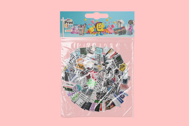May include: A clear plastic bag filled with a variety of colourful stickers. The stickers feature various designs, including text, logos, and illustrations. The bag is labelled "Print Stax Easy".