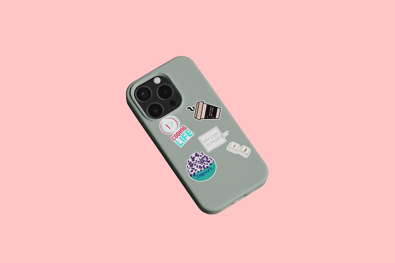 May include: A green phone case with various stickers, including a coffee cup, a keyboard, and a sticker that says "Coding Life".