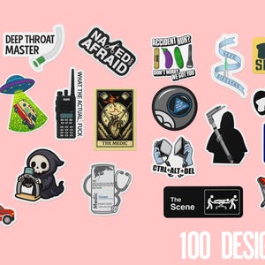 May include: A collection of stickers with various designs, including medical symbols, humorous phrases, and pop culture references. The stickers feature text like "CPR Certified", "Deep Throat Master", and "The Medic". The image also includes the text "100 DESIGNS".
