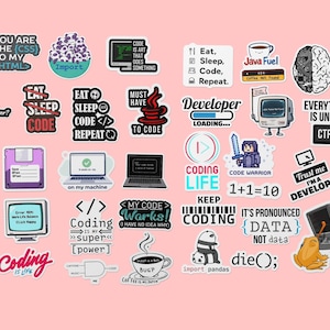 May include: A collection of colourful stickers featuring humorous and motivational quotes about coding. The stickers feature various designs, including a penguin, a computer, a coffee cup, and a code snippet. The text on the stickers includes phrases like "Keep Calm and Code On", "Coding is Life", and "My Code Works! I Have No Idea Why".