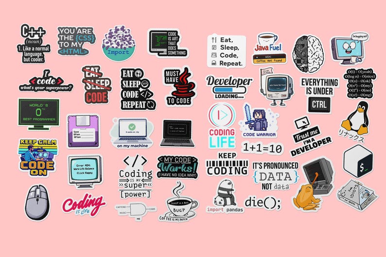 May include: A collection of colourful stickers featuring humorous and motivational quotes about coding. The stickers feature various designs, including a penguin, a computer, a coffee cup, and a code snippet. The text on the stickers includes phrases like "Keep Calm and Code On", "Coding is Life", and "My Code Works! I Have No Idea Why".