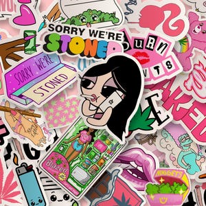 Può includere: Una collezione di adesivi colorati con vari disegni, tra cui un personaggio dei cartoni animati che fuma una sigaretta, una foglia di marijuana e la frase "Scusate, siamo sballati".