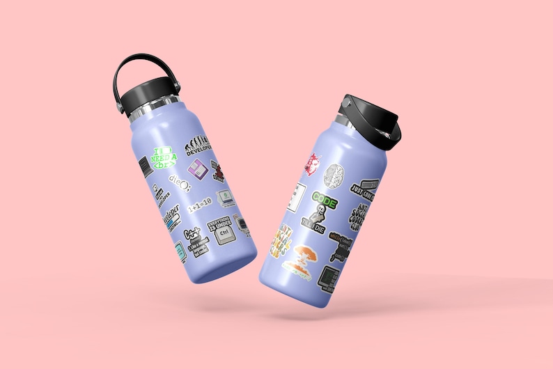 May include: Two purple water bottles with black lids and handles. The bottles are covered in stickers with a coding theme, including text like "I'm a Software Developer", "Code", and "Ctrl+Alt+Delete".