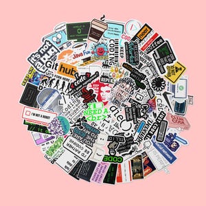 May include: A collection of colourful stickers with various coding and computer-related themes. The stickers feature text such as "Coding is Super Power", "I Need a Coffee", "Keep Coding", and "Let's Fork Here".
